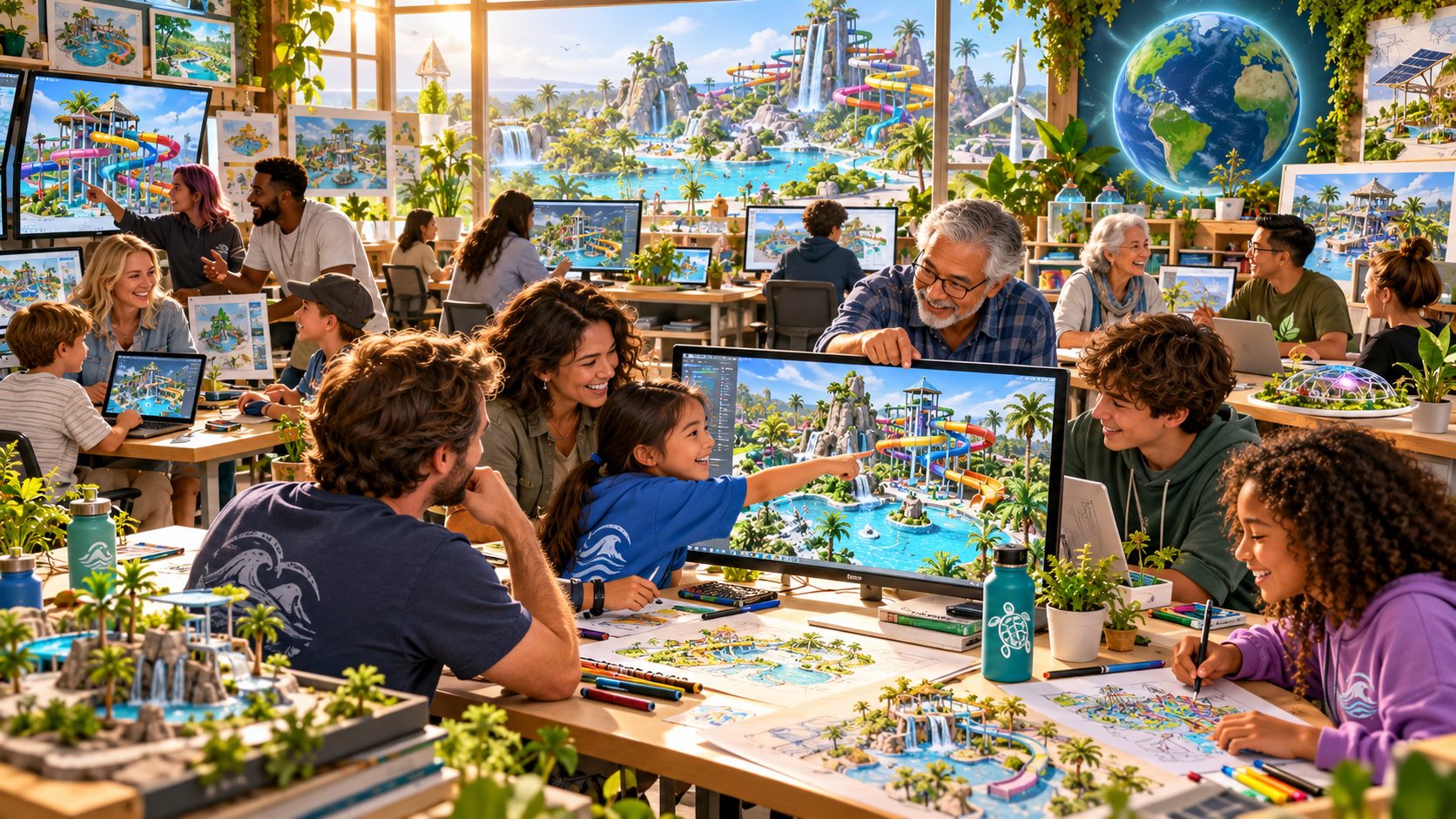 A sunny Waterpark 3D local workshop where people of many ages talk, sketch, and create imaginative 3D waterpark designs together on computers, with environmental themes.